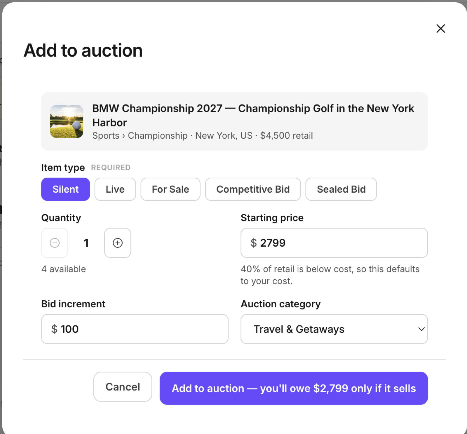 The Add to auction window: item type buttons for Silent, Live, For Sale, Competitive Bid and Sealed Bid, with quantity, starting price, bid increment and auction category
