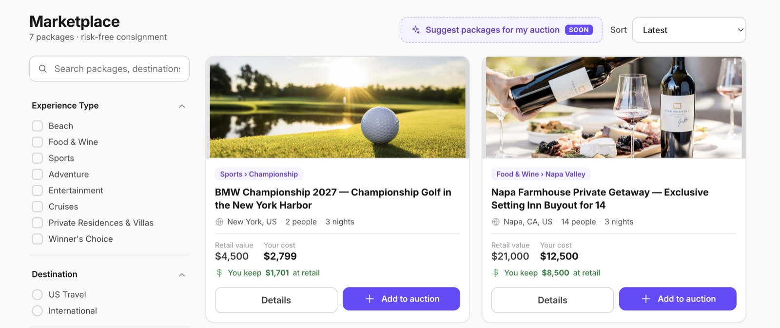 The Marketplace catalog: Experience Type and Destination filters on the left, and package cards showing retail value, your cost and what you keep