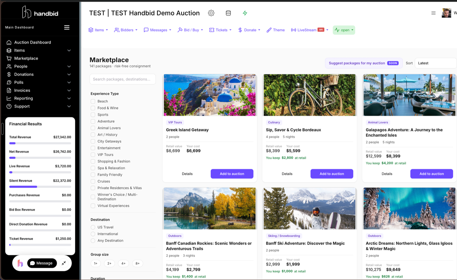 The Handbid auction manager with Marketplace selected in the left sidebar, showing the package catalog and its filters